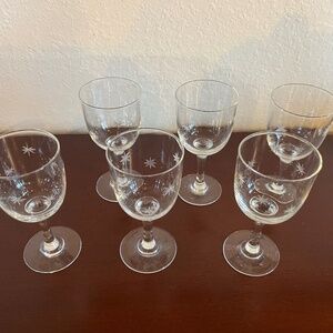 Etched Atomic Starbursts 6 1950s-60s Stemmed Cordial / Sherry Glasses
